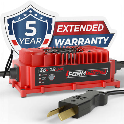 FORM 36V Golf Cart Charger for Club Car, EZGO & Yamaha with Crowfoot Plug - 36V 18A Lithium, LiFePO4, Lead Acid, AGM