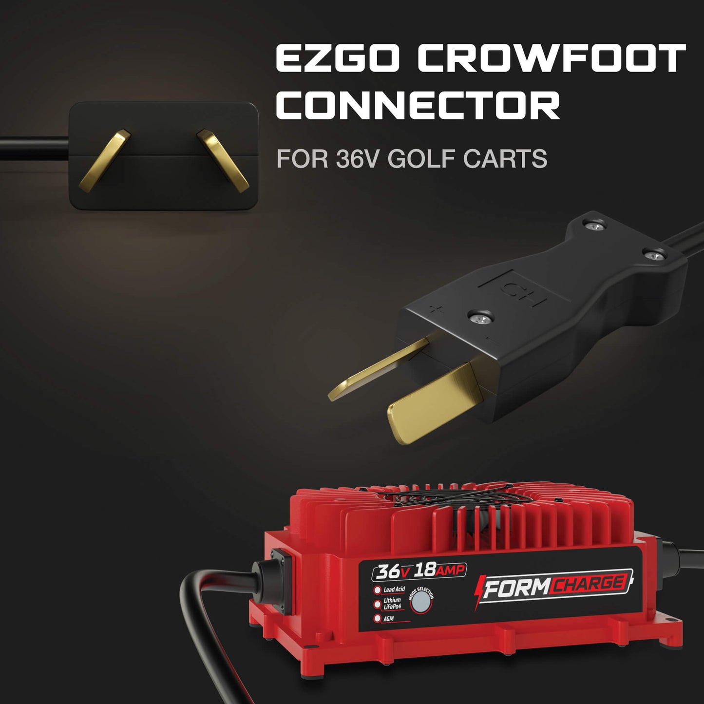 FORM 36V Golf Cart Charger for Club Car, EZGO & Yamaha with Crowfoot Plug - 36V 18A Lithium, LiFePO4, Lead Acid, AGM