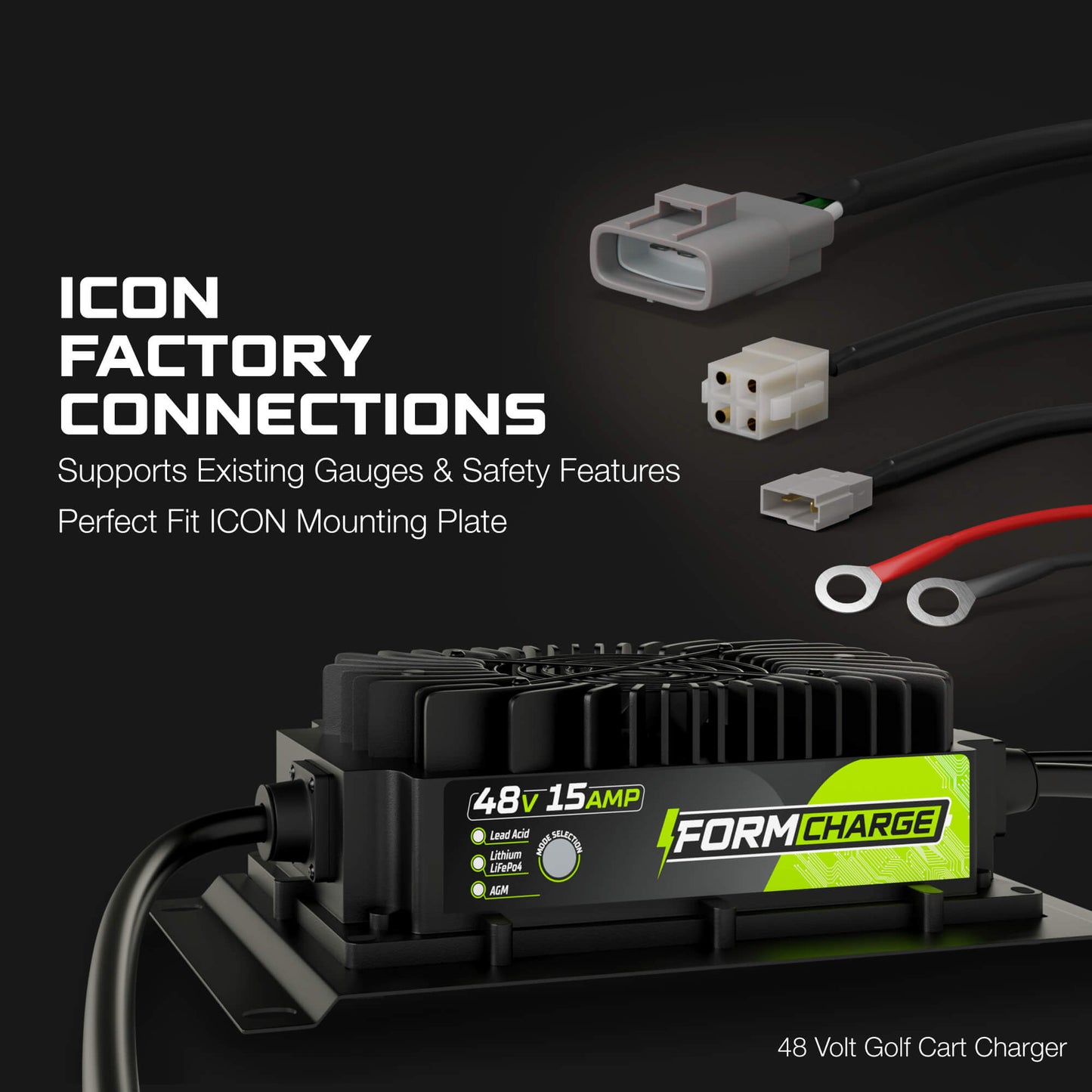 FORM 48 Volt Golf Cart Battery Charger for ICON Golf Carts - 48V 15 AMP Lithium, LiFePO4, Lead Acid, AGM