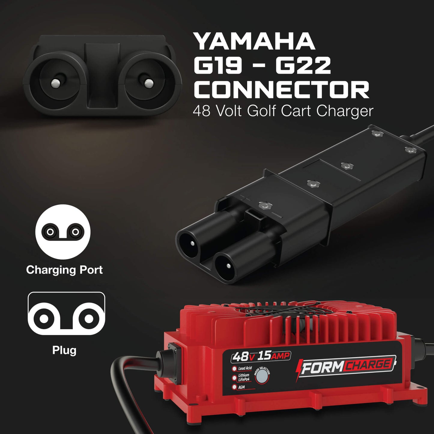 YAMAHA 48V Golf Cart Charger - G19 & G22 - 48V 15A Lithium, LiFePO4, Lead Acid, AGM